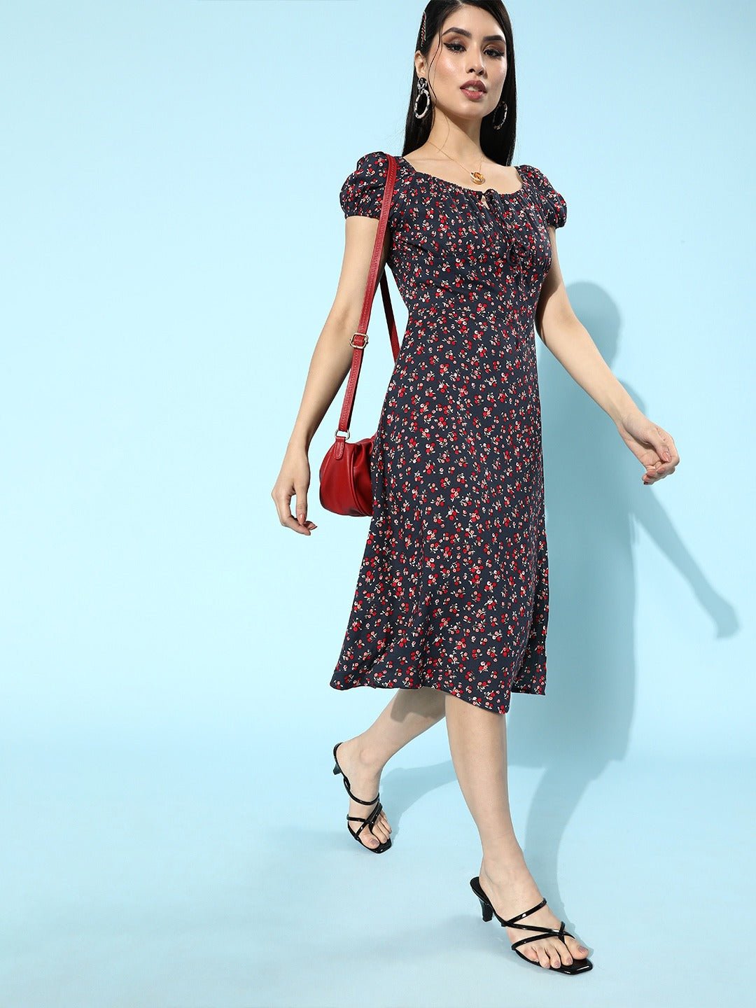 Folk Republic Women Navy Blue Ditsy Floral Printed A-Line Flared Midi Dress - #folk republic#