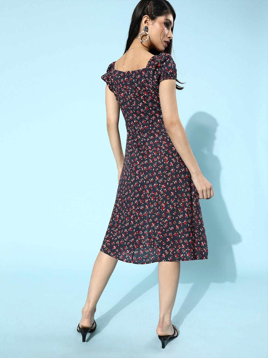 Folk Republic Women Navy Blue Ditsy Floral Printed A-Line Flared Midi Dress - #folk republic#