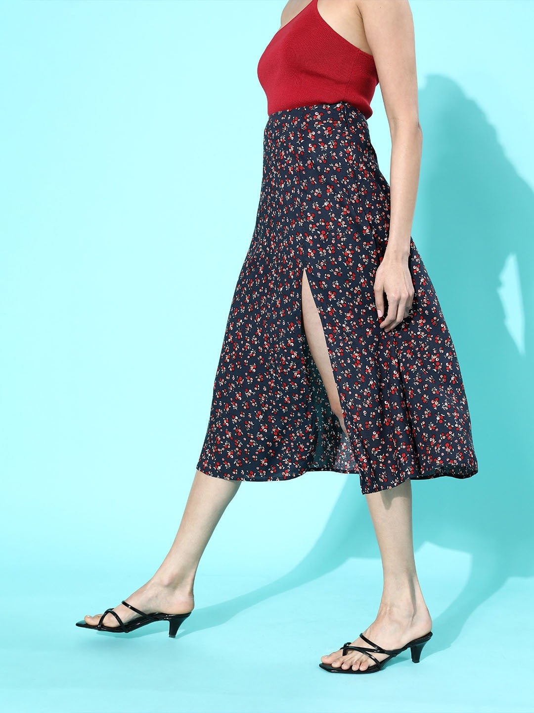 Folk Republic Women Navy Blue Ditsy Floral Printed Thigh-Slit Flared Midi Skirt - #folk republic#