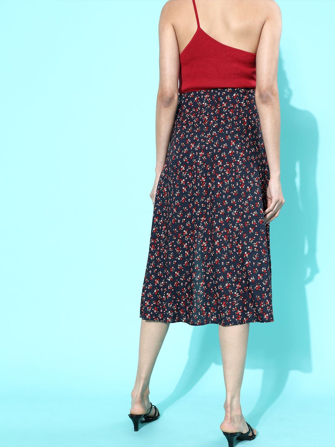 Folk Republic Women Navy Blue Ditsy Floral Printed Thigh-Slit Flared Midi Skirt - #folk republic#