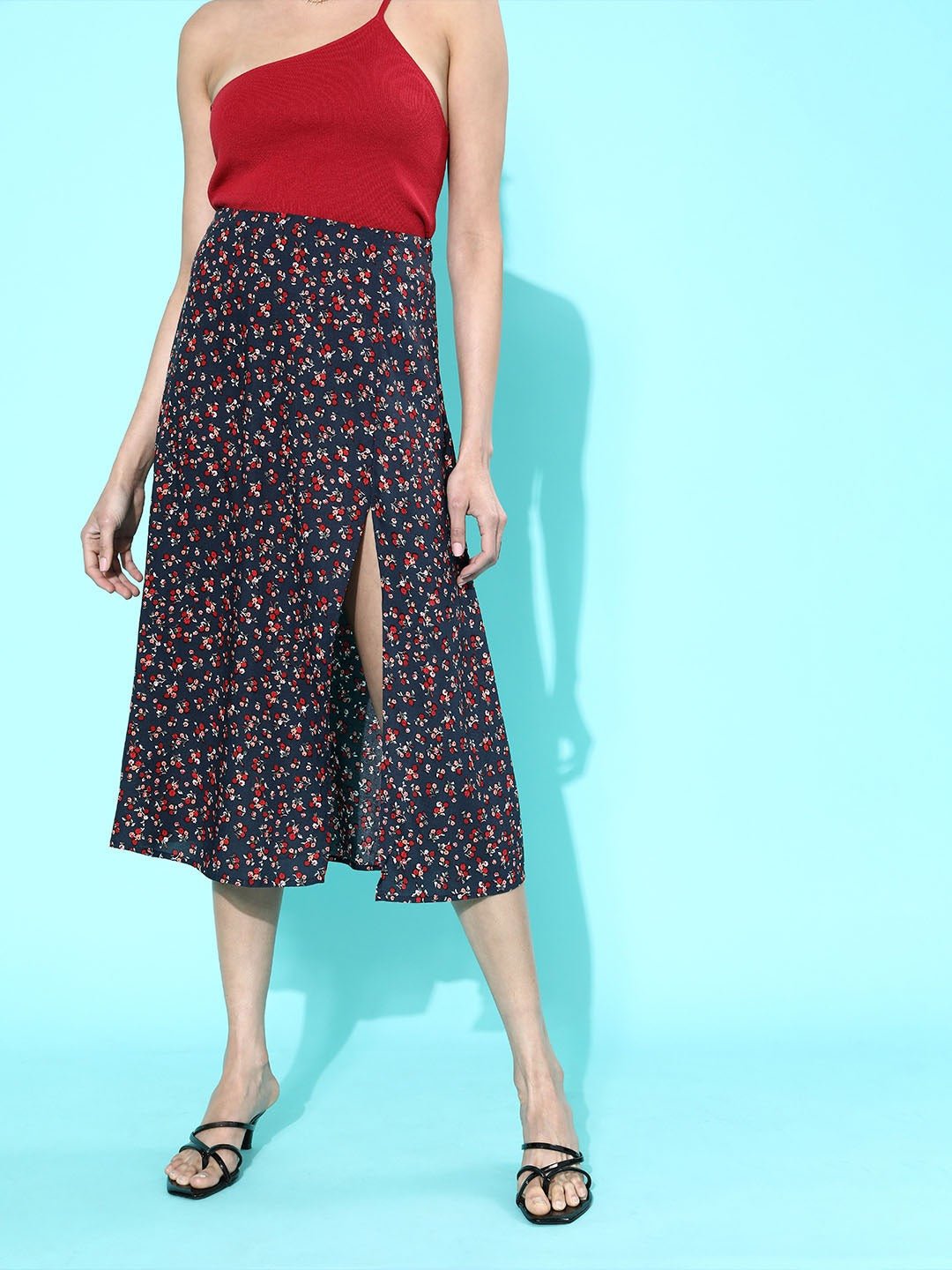 Folk Republic Women Navy Blue Ditsy Floral Printed Thigh-Slit Flared Midi Skirt - #folk republic#