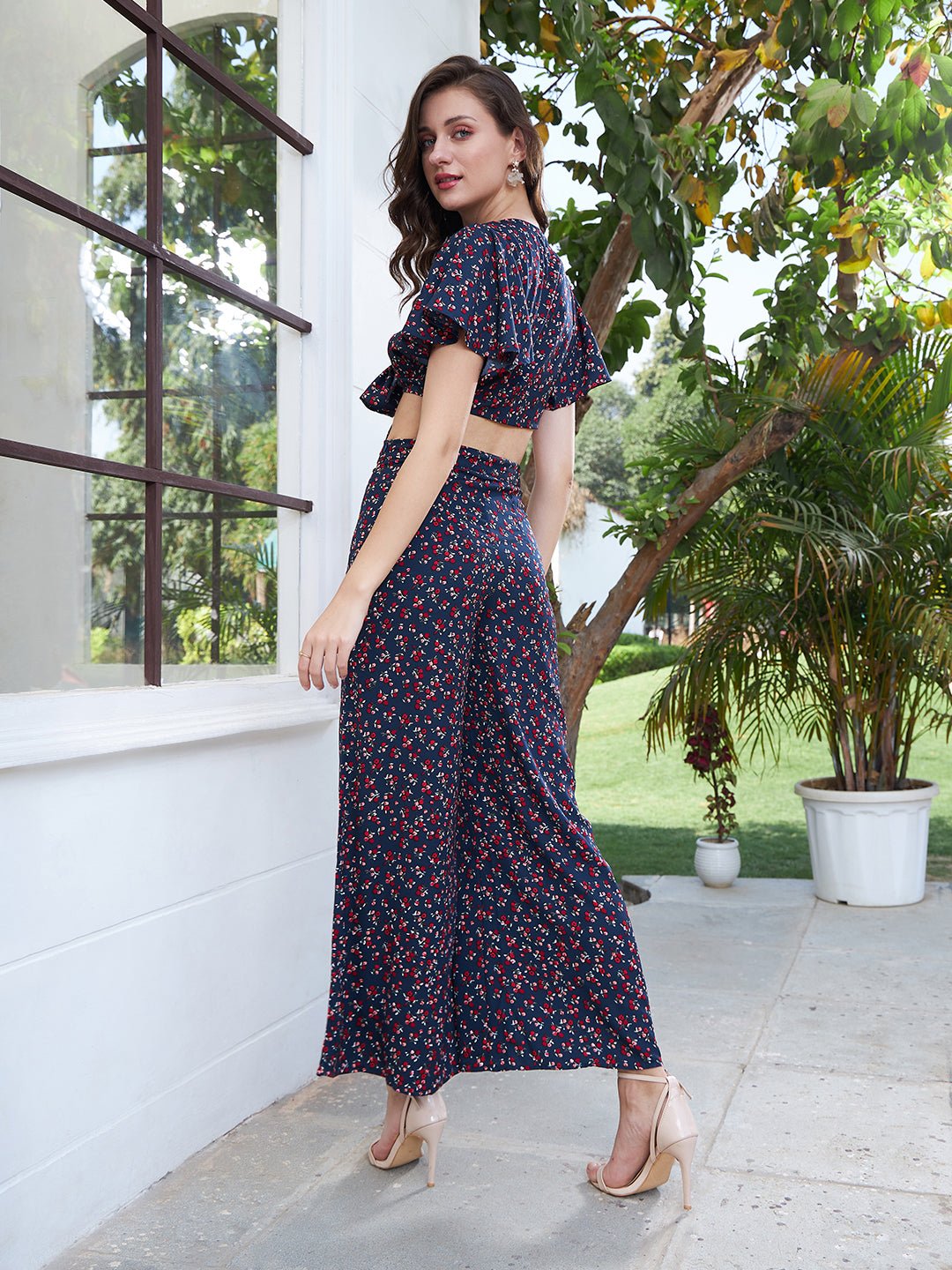 Folk Republic Women Navy Blue Ditsy Floral Tie Front Butterfly Sleeve Crop Top & Wide Leg Pants - #folk republic#