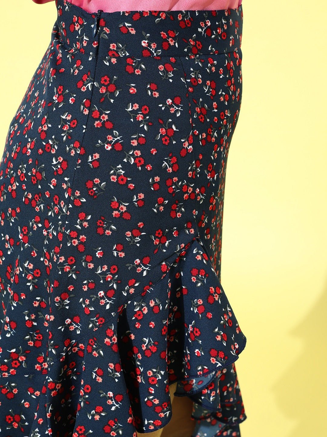 Folk Republic Women Navy Blue Floral Asymmetric Hem Ruffled Mini Skirt - #folk republic#