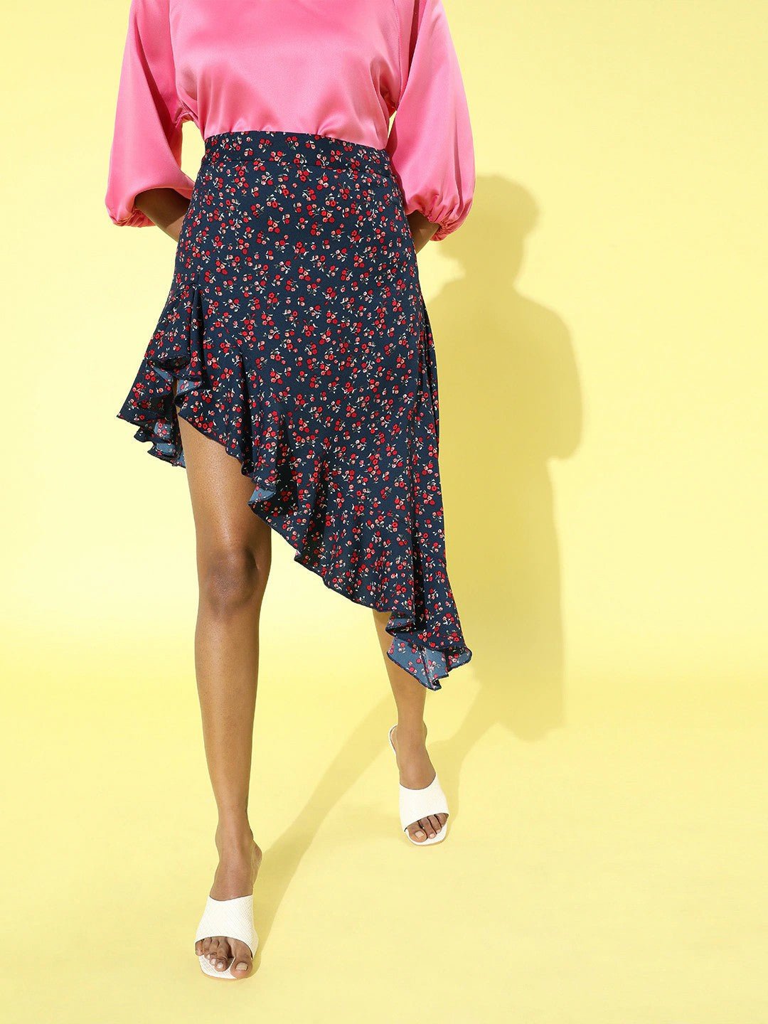 Folk Republic Women Navy Blue Floral Asymmetric Hem Ruffled Mini Skirt - #folk republic#