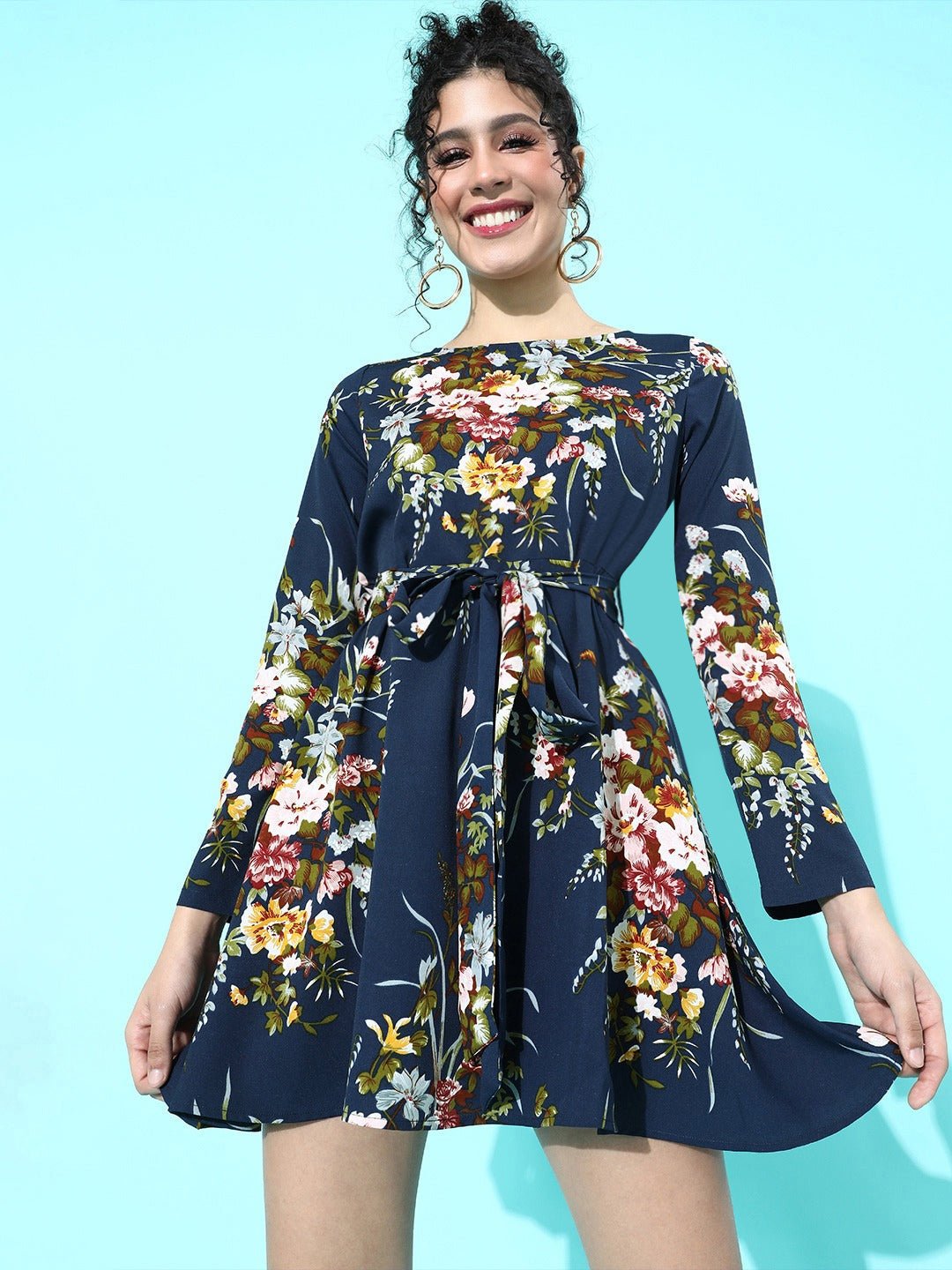 Folk Republic Women Navy Blue Floral Belted Fit & Flare Mini Dress - #folk republic#
