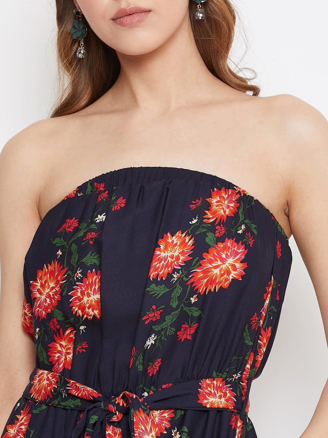 Folk Republic Women Navy Blue Floral Off-Shoulder Waist Tie-Up Jumpsuit - #folk republic#