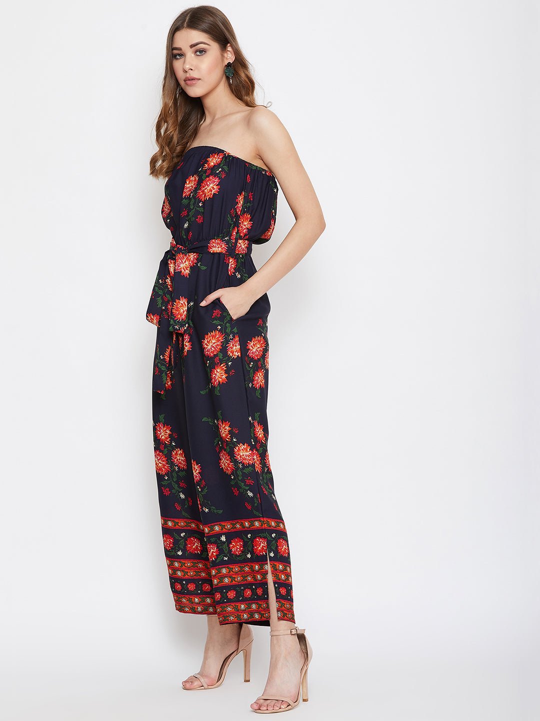 Folk Republic Women Navy Blue Floral Off-Shoulder Waist Tie-Up Jumpsuit - #folk republic#
