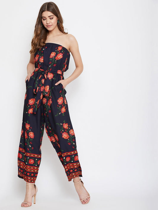 Folk Republic Women Navy Blue Floral Off-Shoulder Waist Tie-Up Jumpsuit - #folk republic#