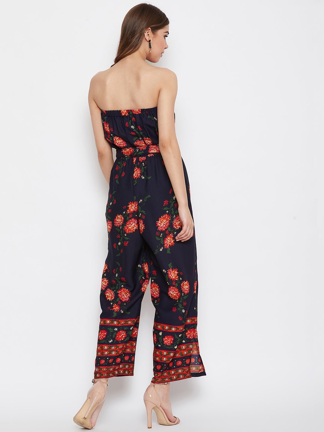Folk Republic Women Navy Blue Floral Off-Shoulder Waist Tie-Up Jumpsuit - #folk republic#