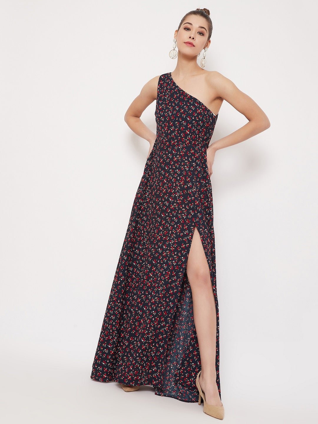 Folk Republic Women Navy Blue Floral One Shoulder High Slit Maxi Dress - #folk republic#