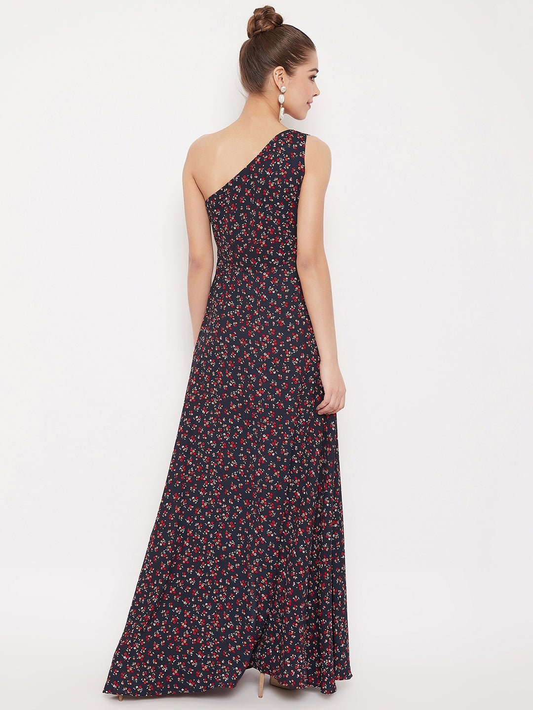 Folk Republic Women Navy Blue Floral One Shoulder High Slit Maxi Dress - #folk republic#
