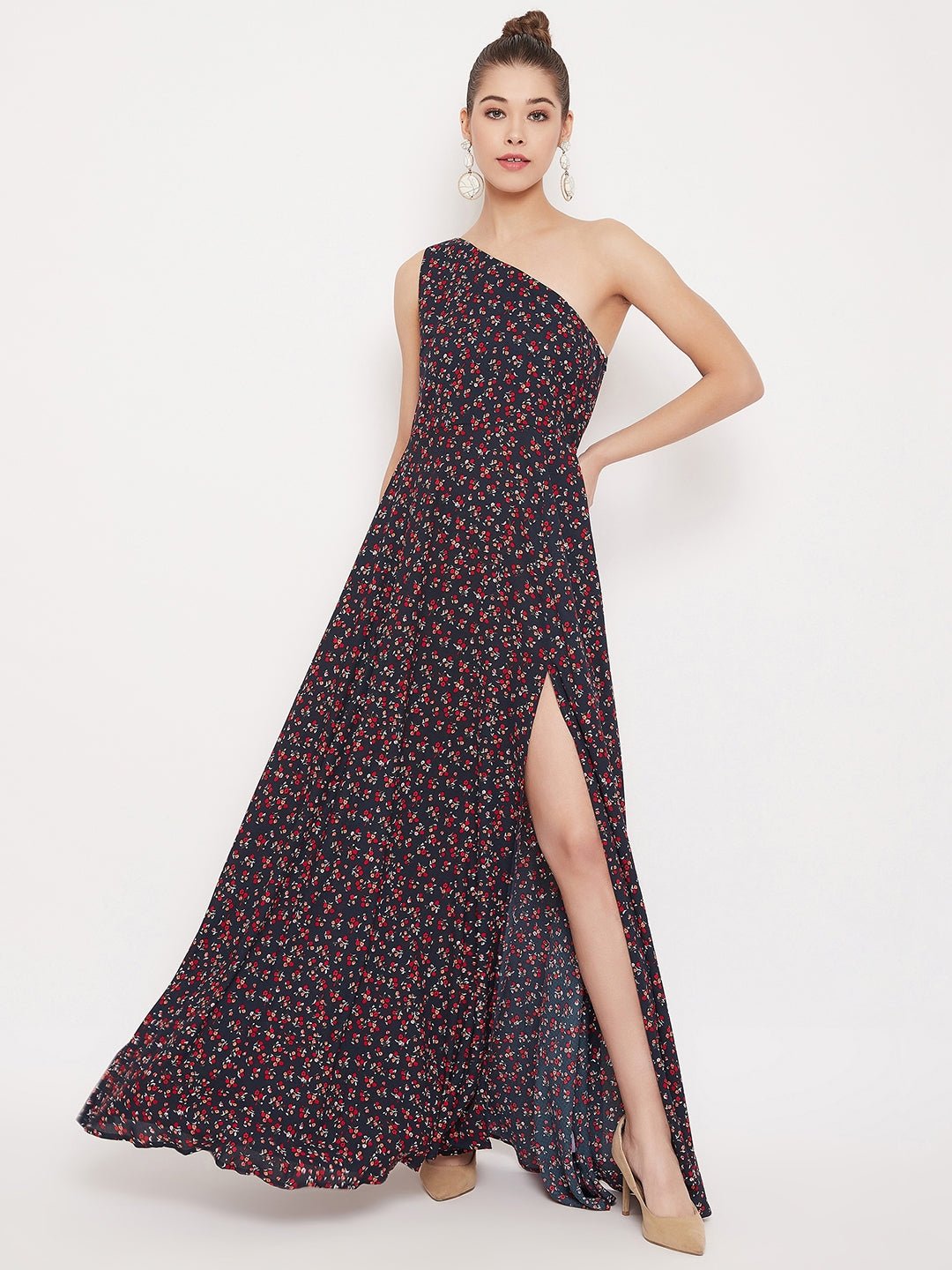 Folk Republic Women Navy Blue Floral One Shoulder High Slit Maxi Dress - #folk republic#