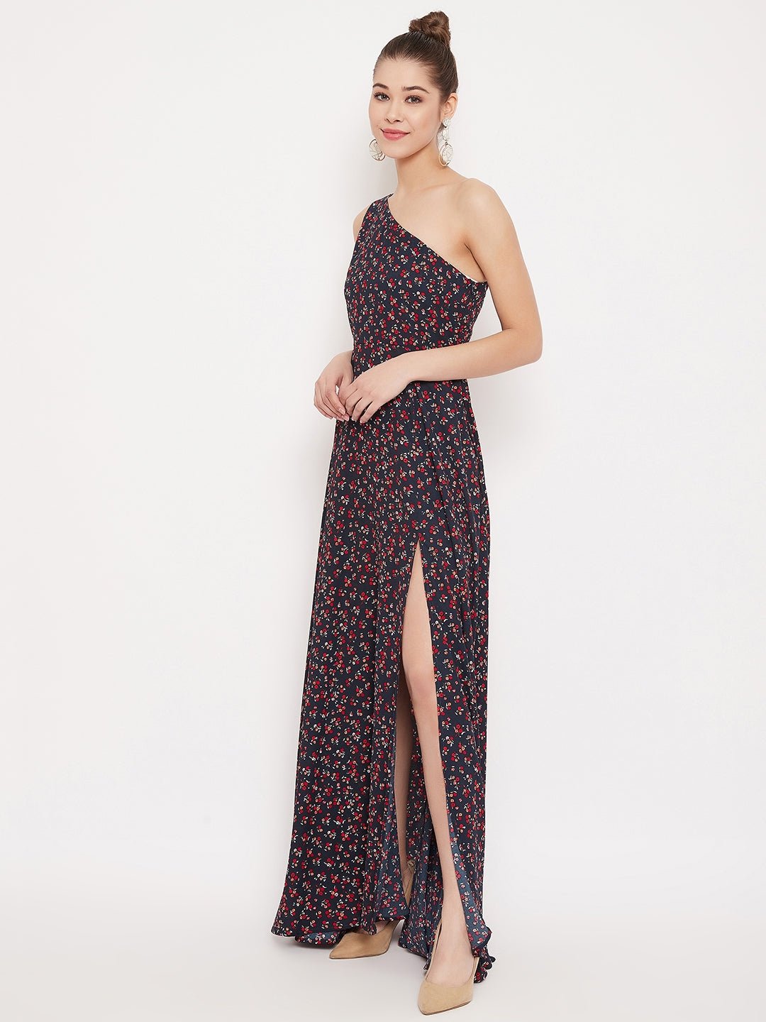 Folk Republic Women Navy Blue Floral One Shoulder High Slit Maxi Dress - #folk republic#