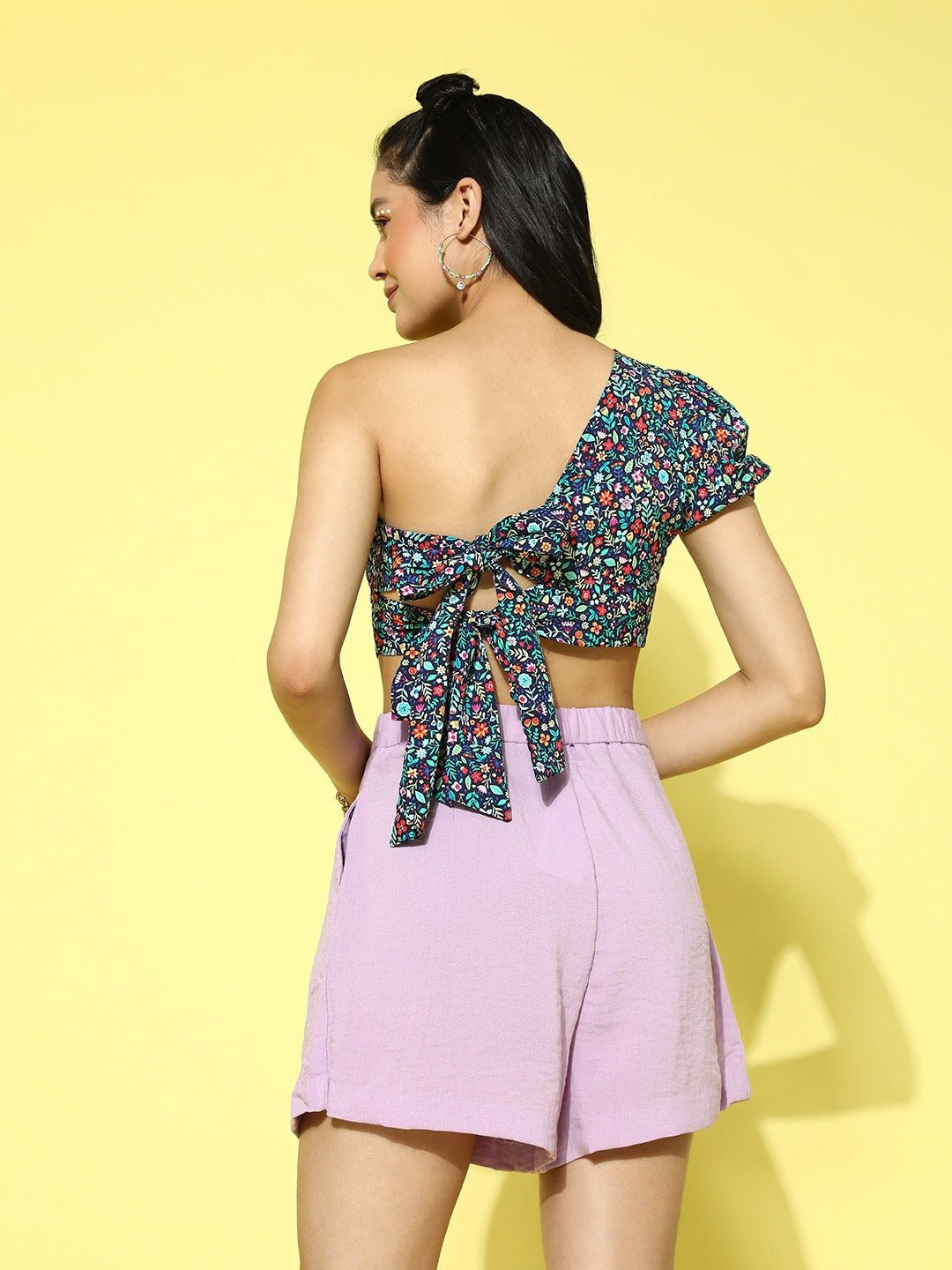 Folk Republic Women Navy Blue Floral Print One Shoulder Puff Sleeves Crepe Styled Back Crop Top - #folk republic#
