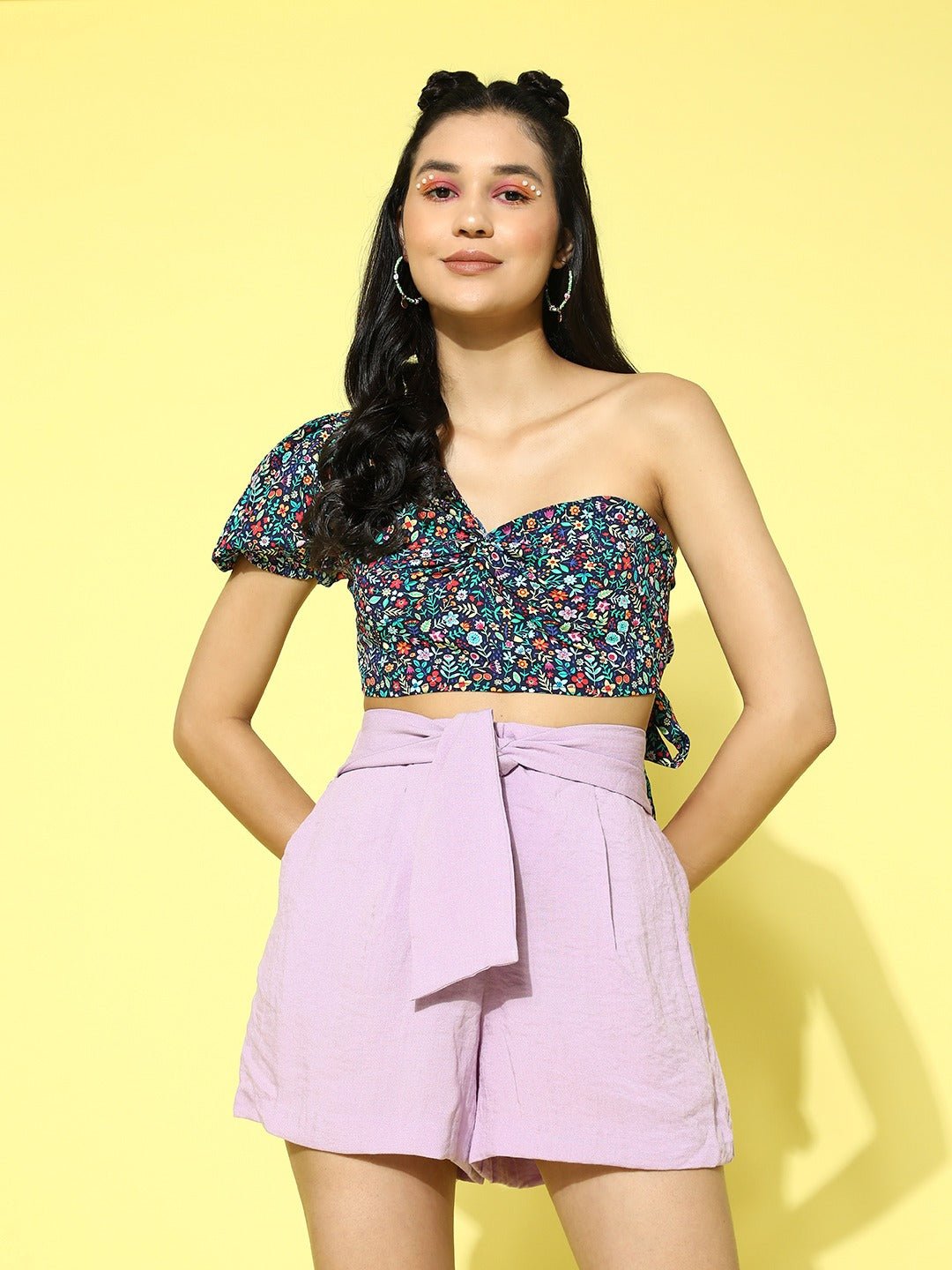 Folk Republic Women Navy Blue Floral Print One Shoulder Puff Sleeves Crepe Styled Back Crop Top - #folk republic#