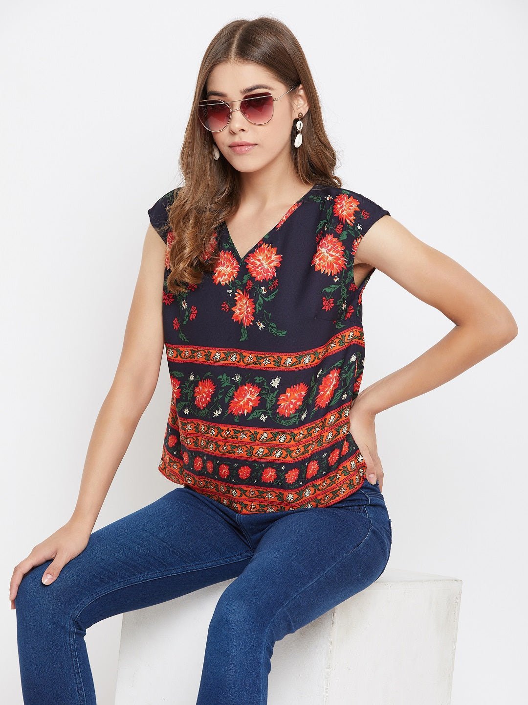 Folk Republic Women Navy Blue Floral Print V-Neck Regular Top - #folk republic#