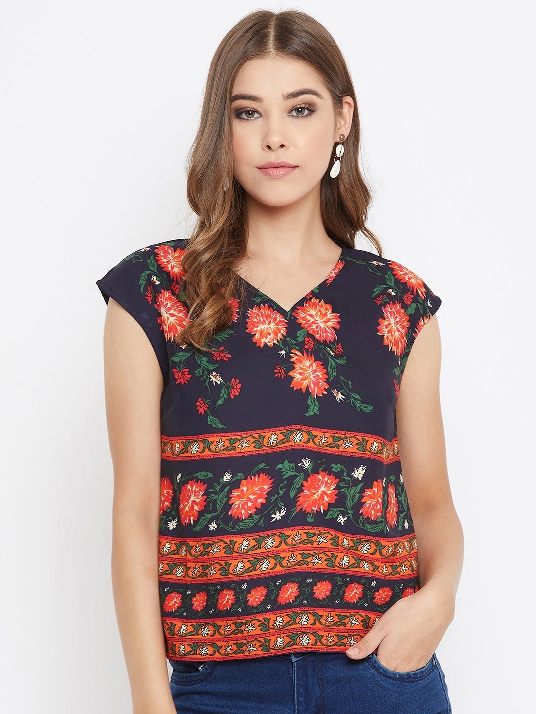 Folk Republic Women Navy Blue Floral Print V-Neck Regular Top - #folk republic#