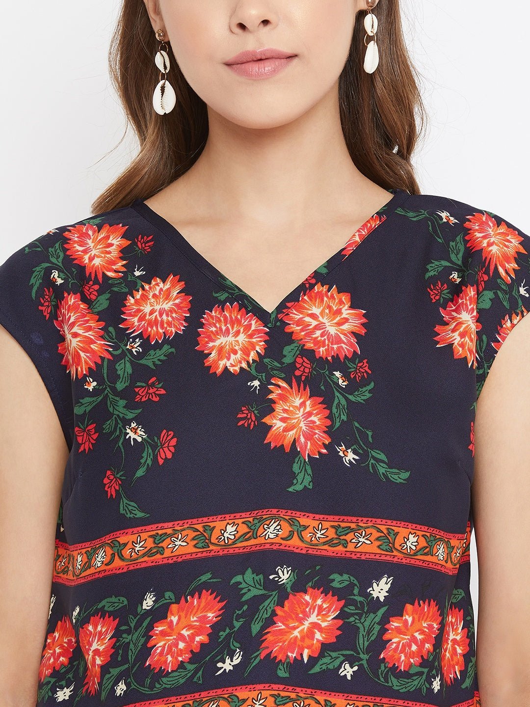 Folk Republic Women Navy Blue Floral Print V-Neck Regular Top - #folk republic#