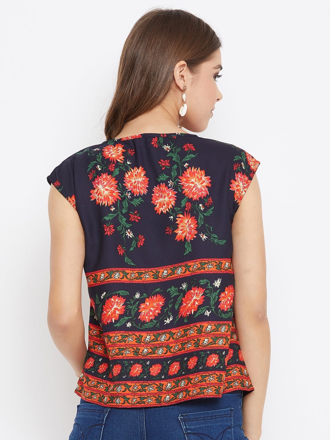 Folk Republic Women Navy Blue Floral Print V-Neck Regular Top - #folk republic#
