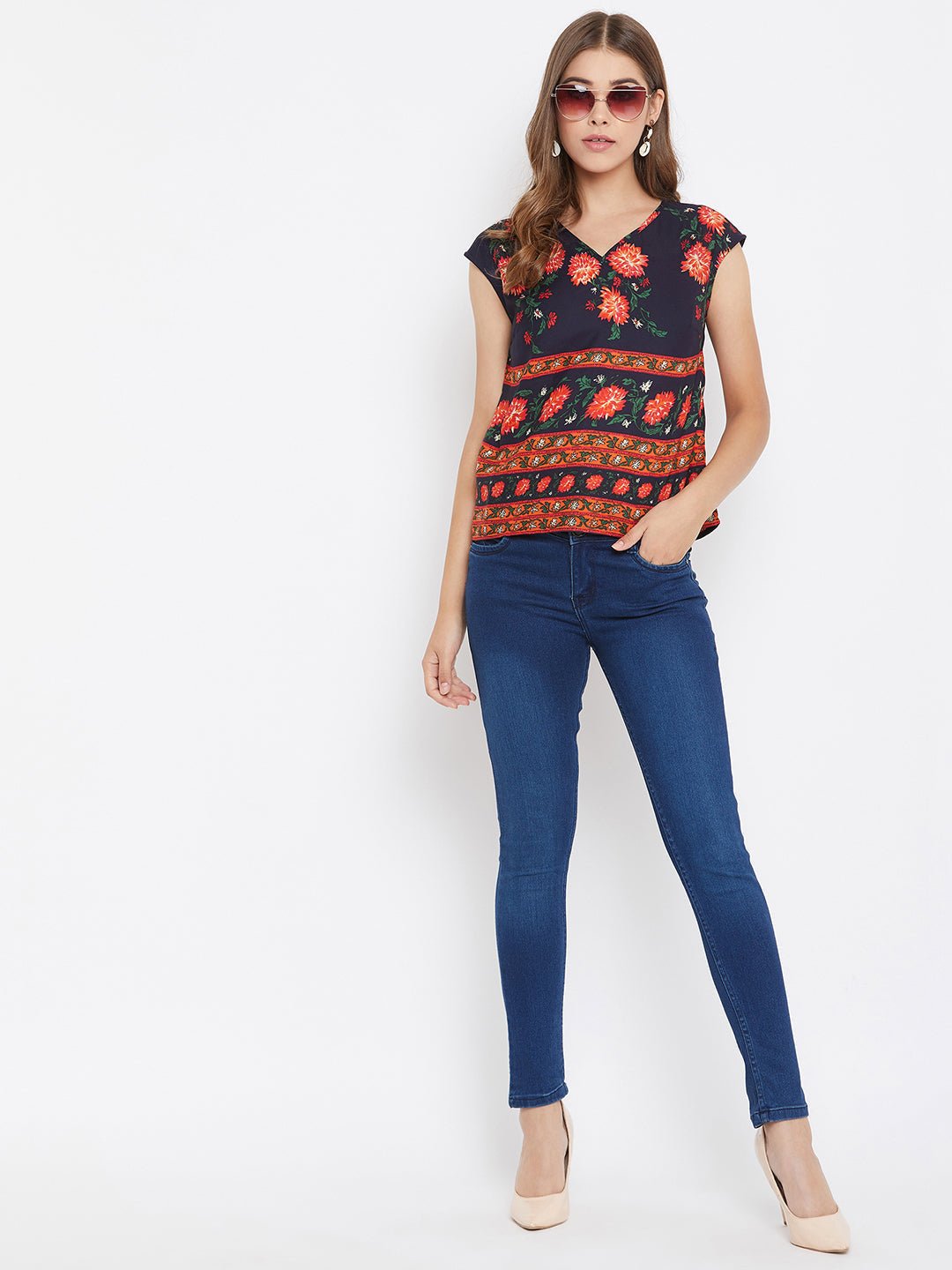 Folk Republic Women Navy Blue Floral Print V-Neck Regular Top - #folk republic#