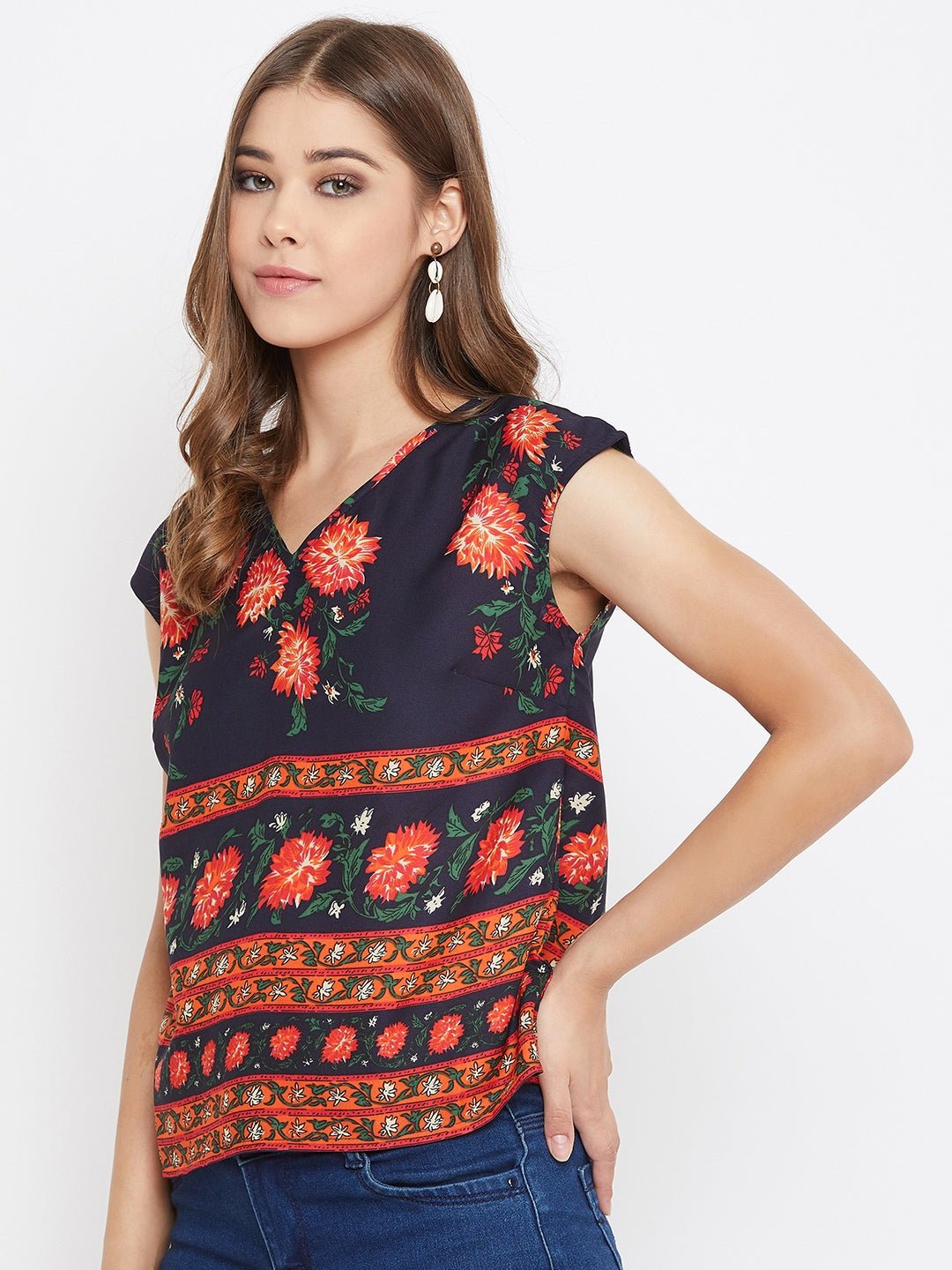 Folk Republic Women Navy Blue Floral Print V-Neck Regular Top - #folk republic#
