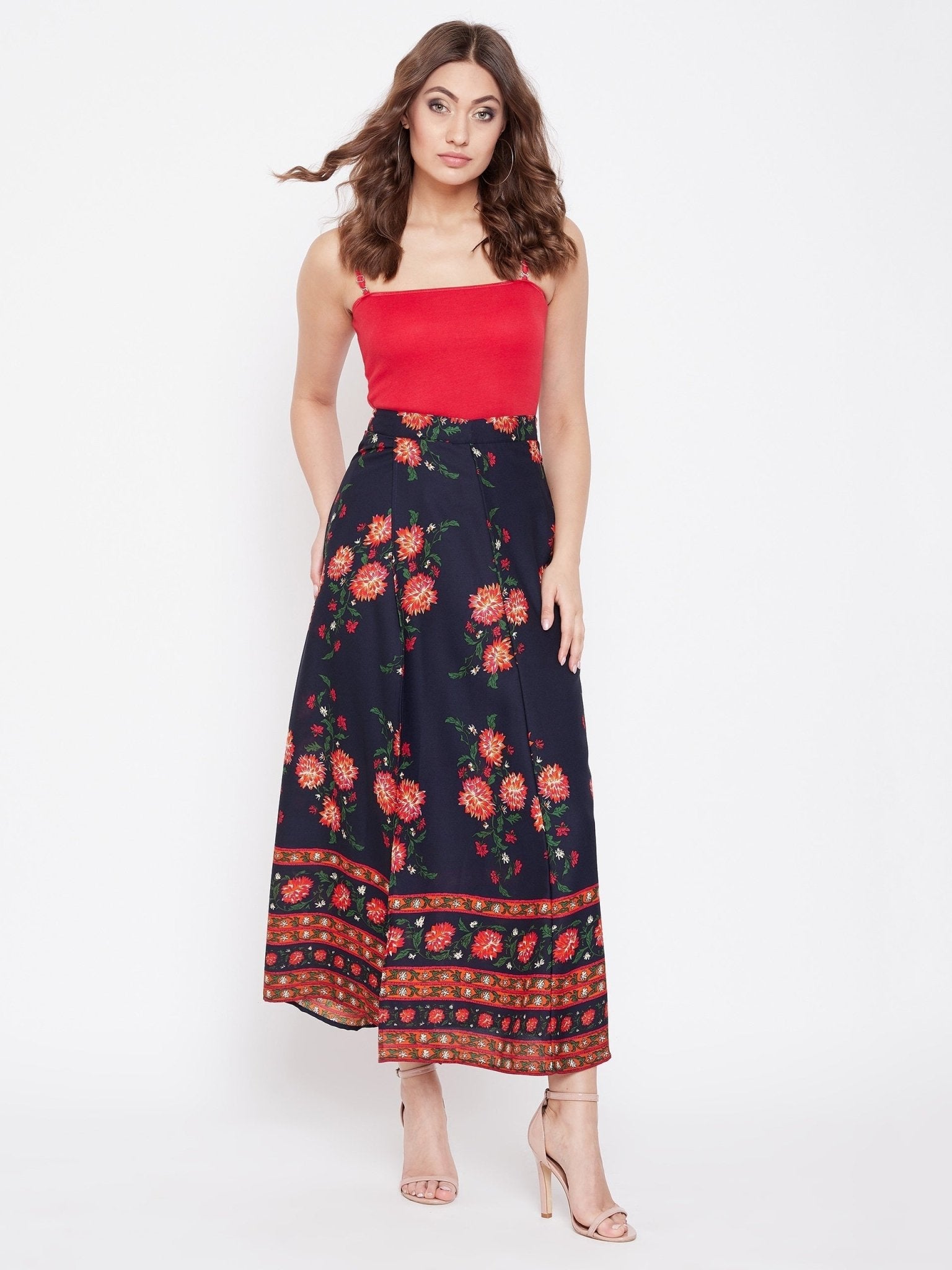 Folk Republic Women Navy Blue Floral Printed A-Line Maxi Skirt - #folk republic#