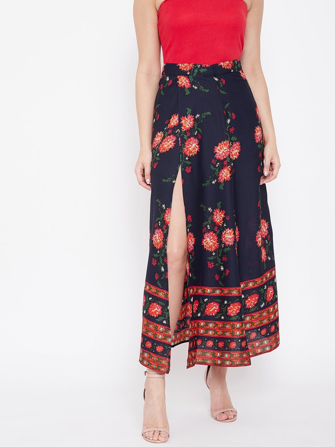 Folk Republic Women Navy Blue Floral Printed A-Line Maxi Skirt - #folk republic#