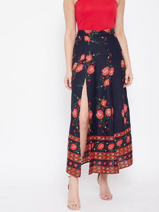 Folk Republic Women Navy Blue Floral Printed A-Line Maxi Skirt - #folk republic#