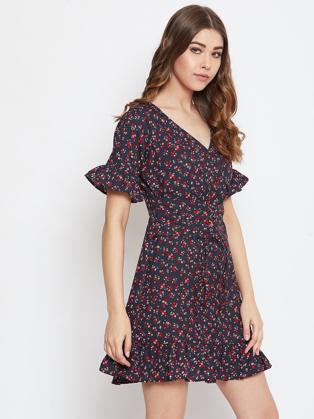 Folk Republic Women Navy Blue Floral Printed Fit & Flare Mini Dress - #folk republic#