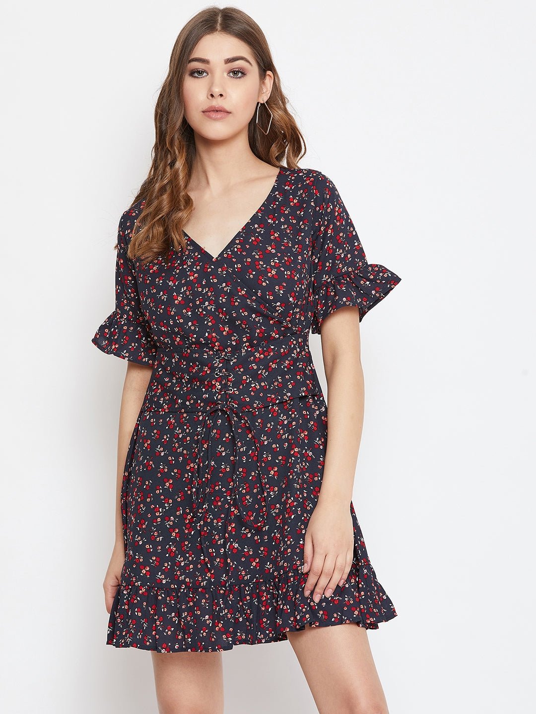 Folk Republic Women Navy Blue Floral Printed Fit & Flare Mini Dress - #folk republic#
