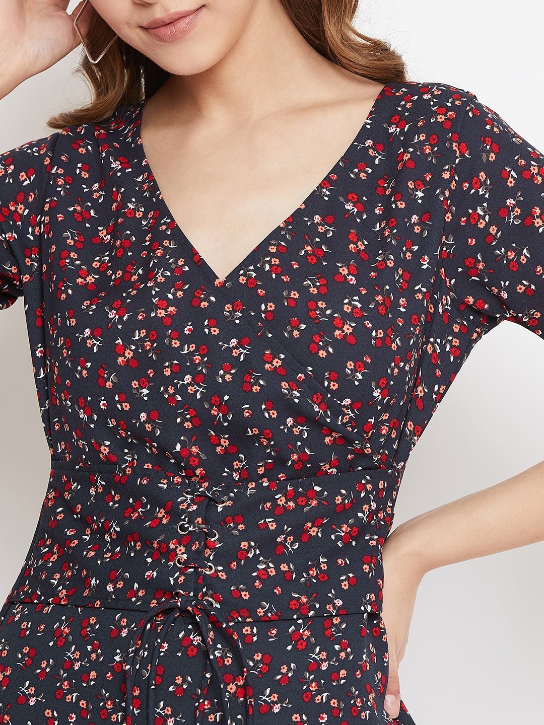Folk Republic Women Navy Blue Floral Printed Fit & Flare Mini Dress - #folk republic#