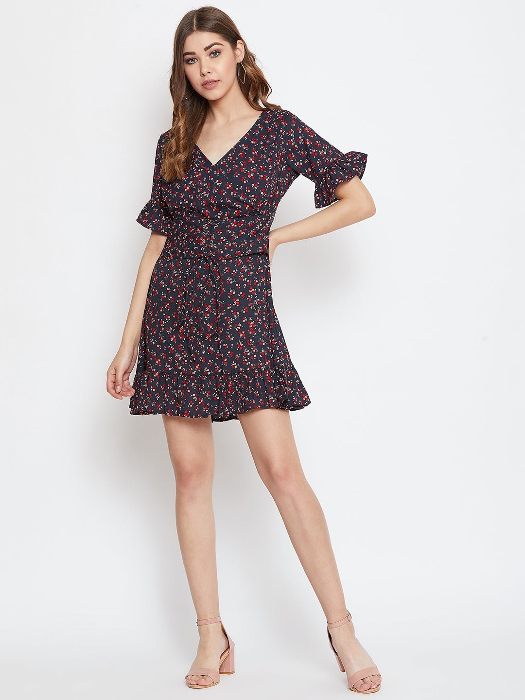Folk Republic Women Navy Blue Floral Printed Fit & Flare Mini Dress - #folk republic#