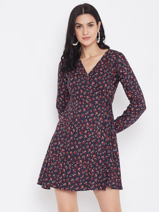 Folk Republic Women Navy Blue Floral Printed Fit & Flare Wrap Mini Dress - #folk republic#