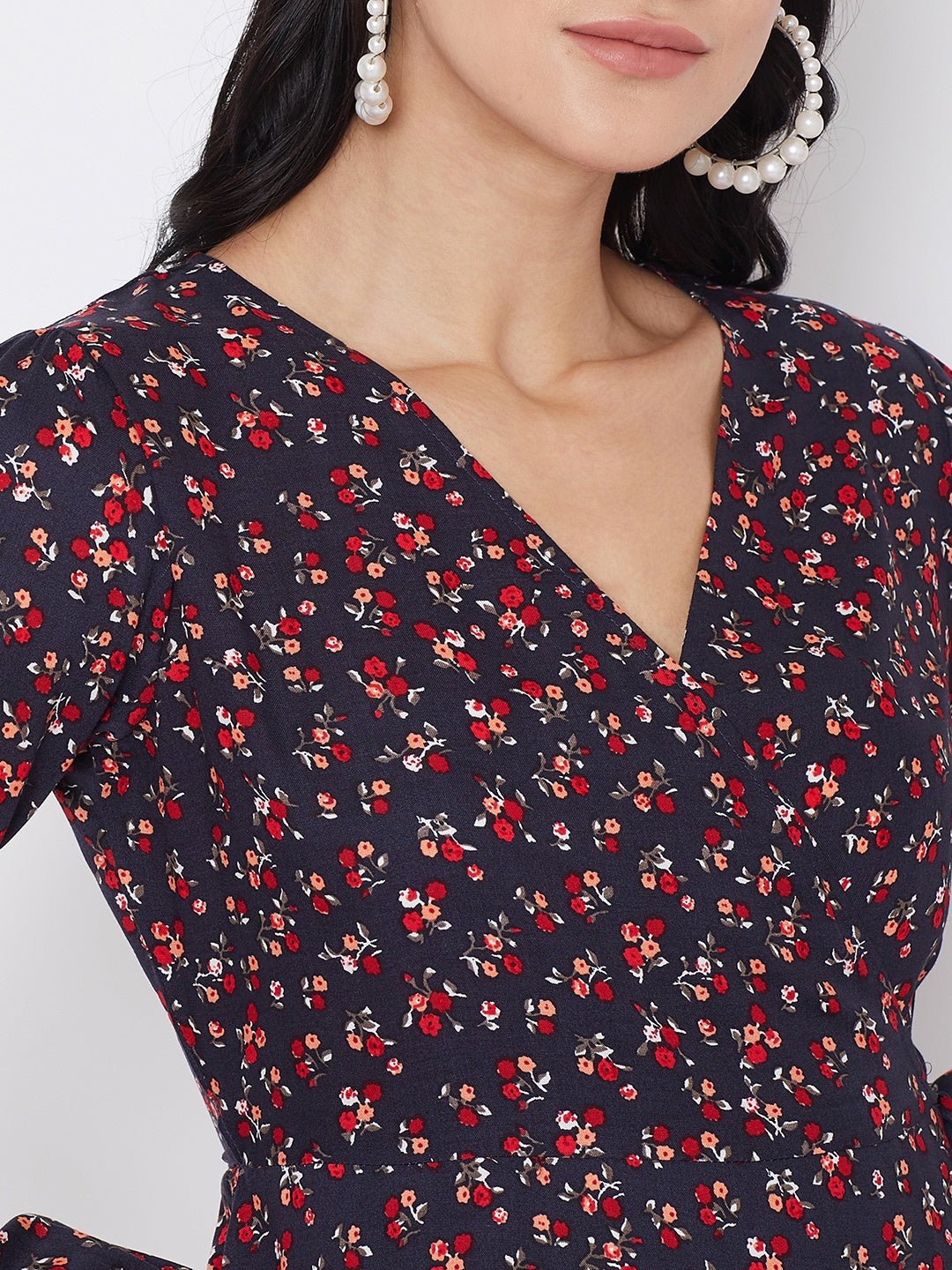 Folk Republic Women Navy Blue Floral Printed Fit & Flare Wrap Mini Dress - #folk republic#