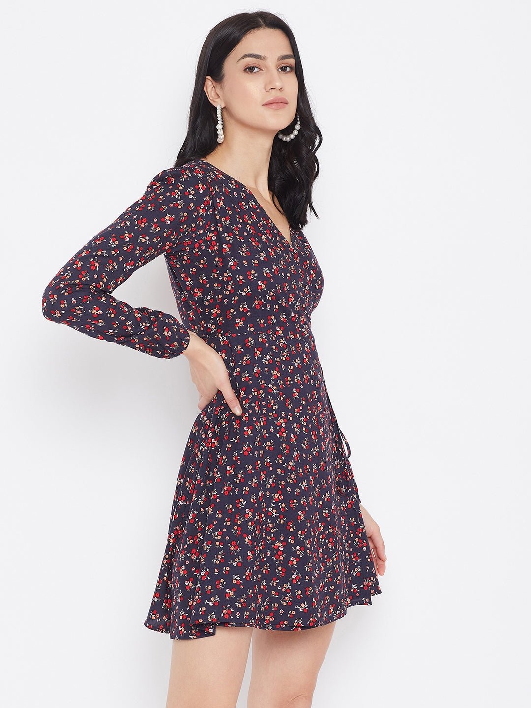 Folk Republic Women Navy Blue Floral Printed Fit & Flare Wrap Mini Dress - #folk republic#