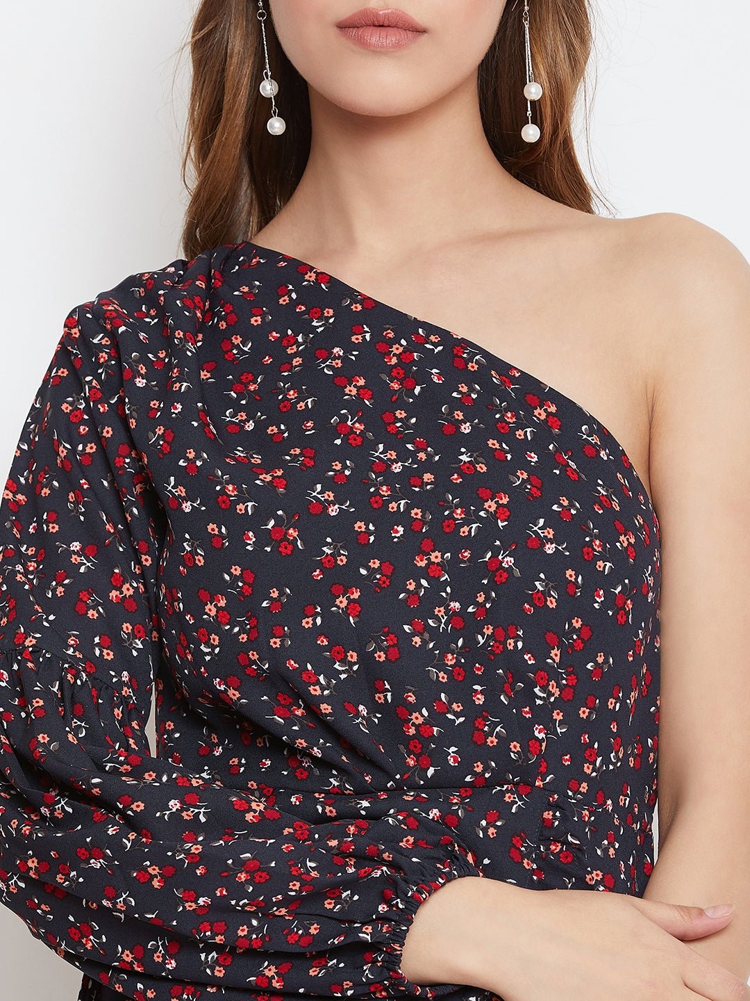Folk Republic Women Navy Blue Floral Printed One-Shoulder Asymmetrical A-Line Mini Dress - #folk republic#