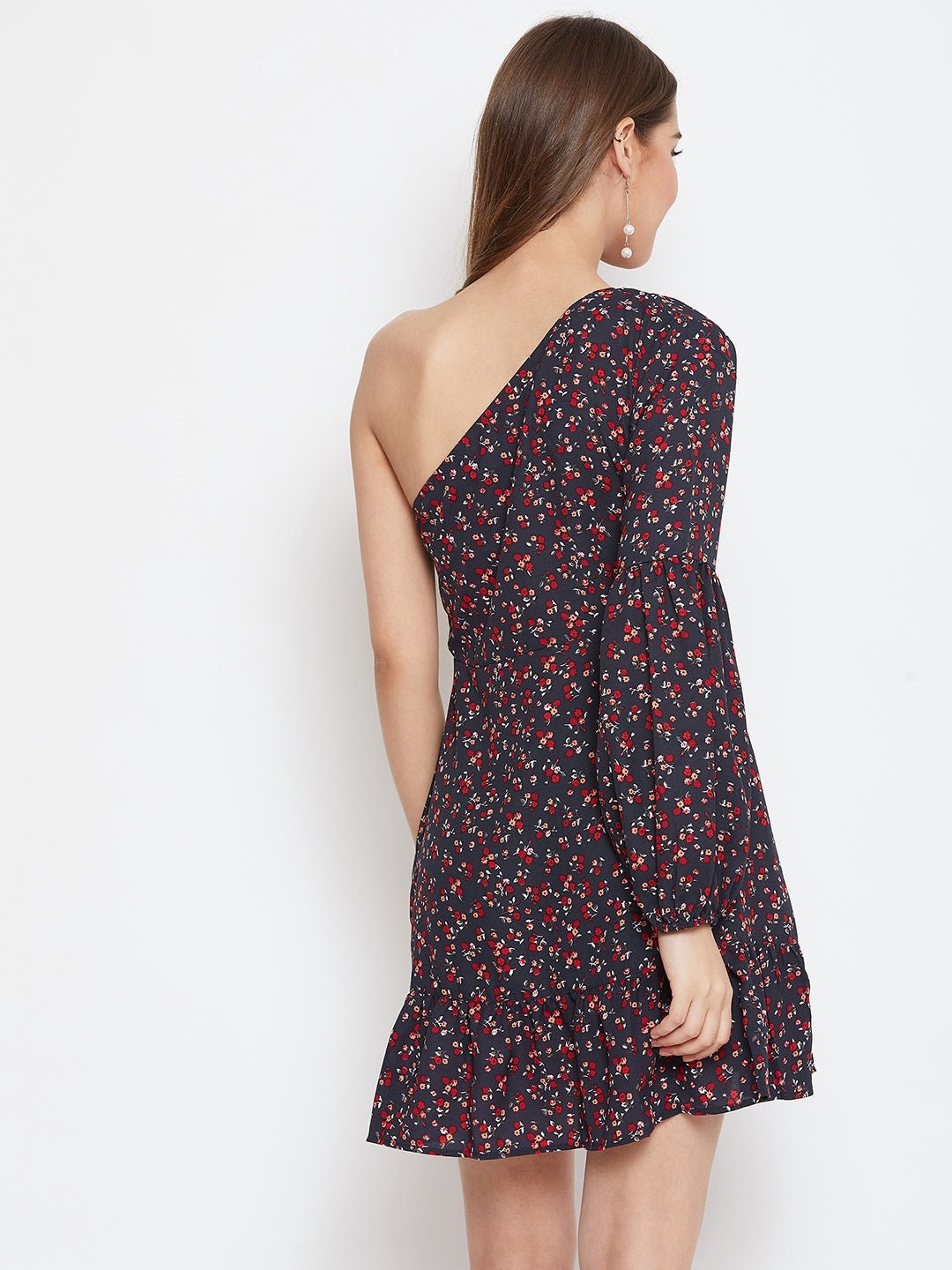Folk Republic Women Navy Blue Floral Printed One-Shoulder Asymmetrical A-Line Mini Dress - #folk republic#