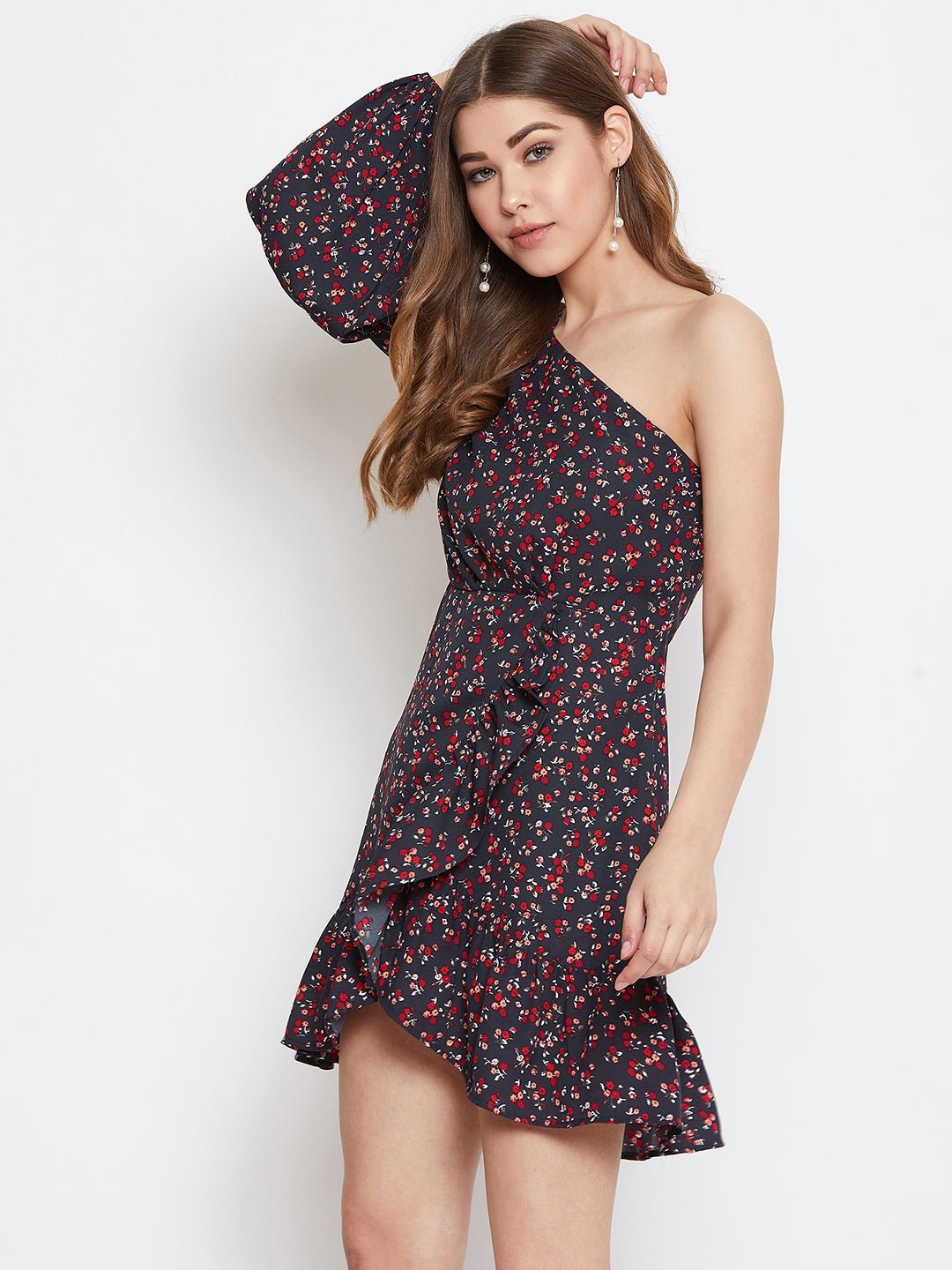 Folk Republic Women Navy Blue Floral Printed One-Shoulder Asymmetrical A-Line Mini Dress - #folk republic#