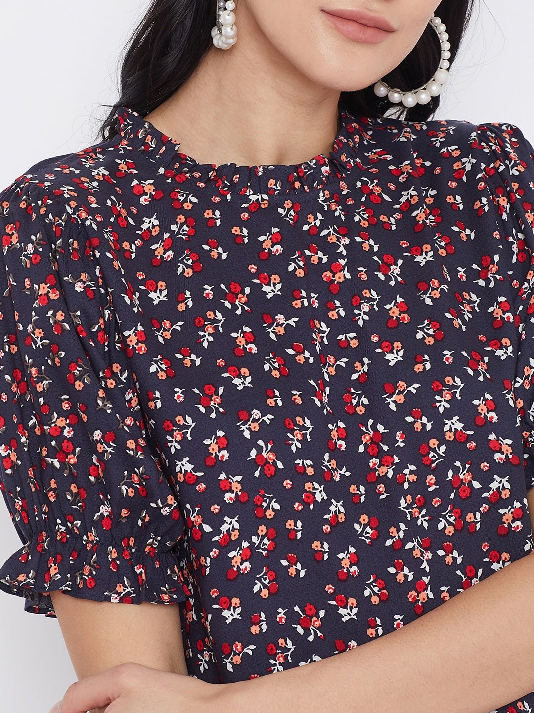 Folk Republic Women Navy Blue Floral Printed Round Neck Top - #folk republic#