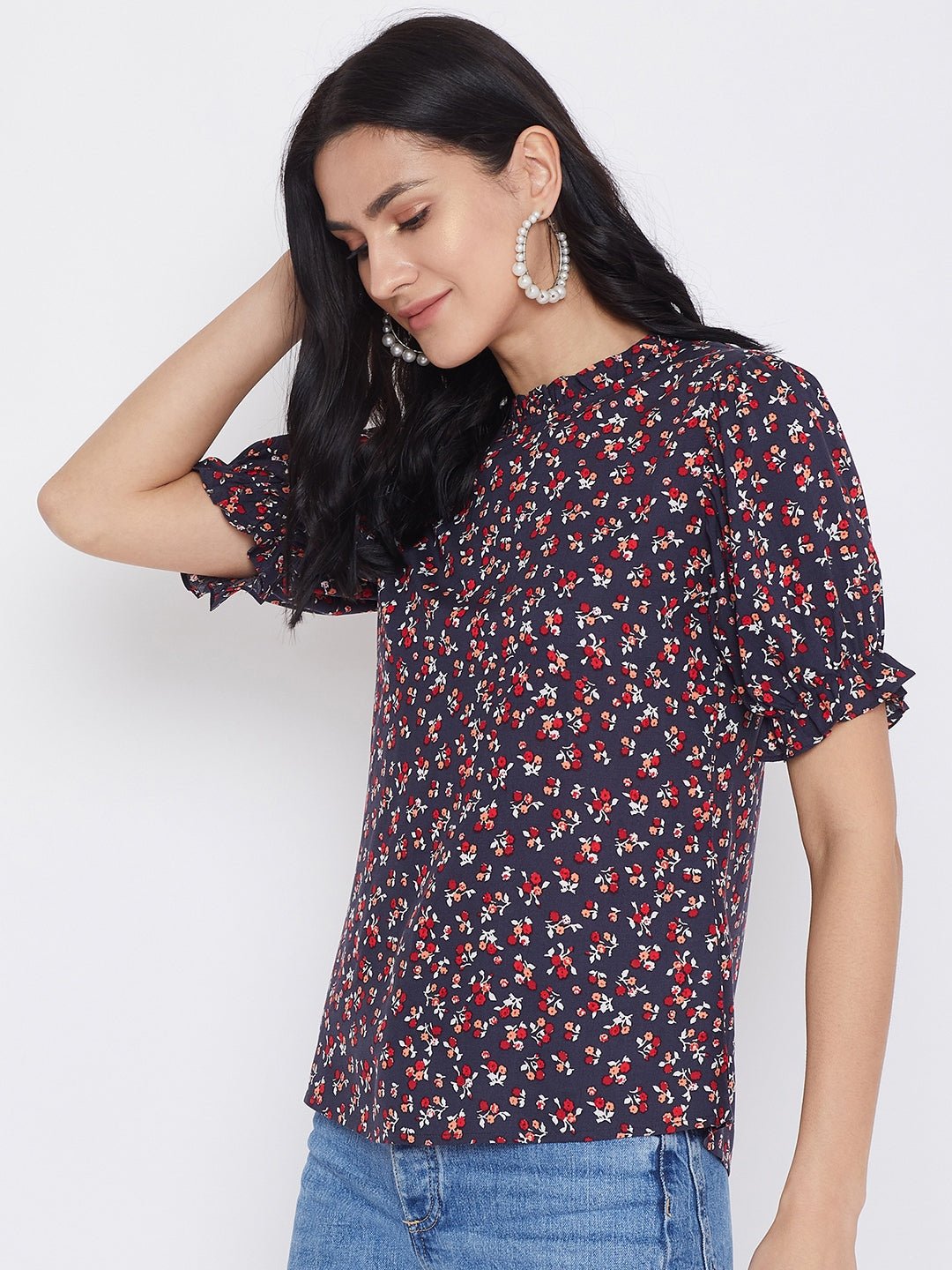 Folk Republic Women Navy Blue Floral Printed Round Neck Top - #folk republic#