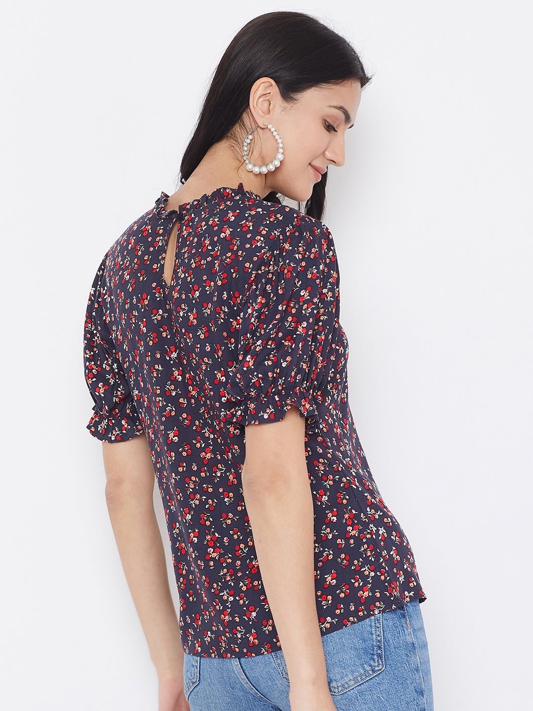 Folk Republic Women Navy Blue Floral Printed Round Neck Top - #folk republic#