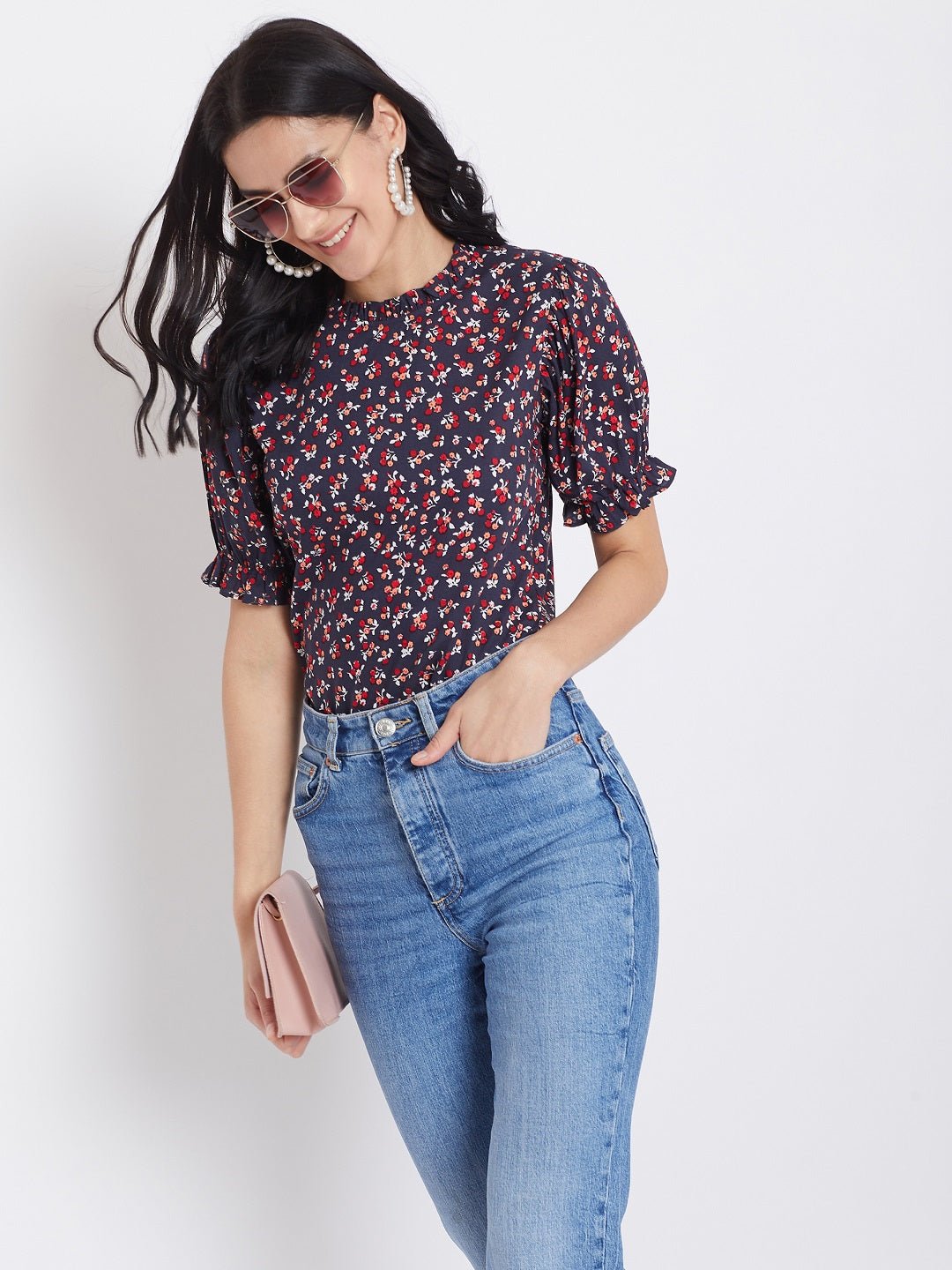 Folk Republic Women Navy Blue Floral Printed Round Neck Top - #folk republic#