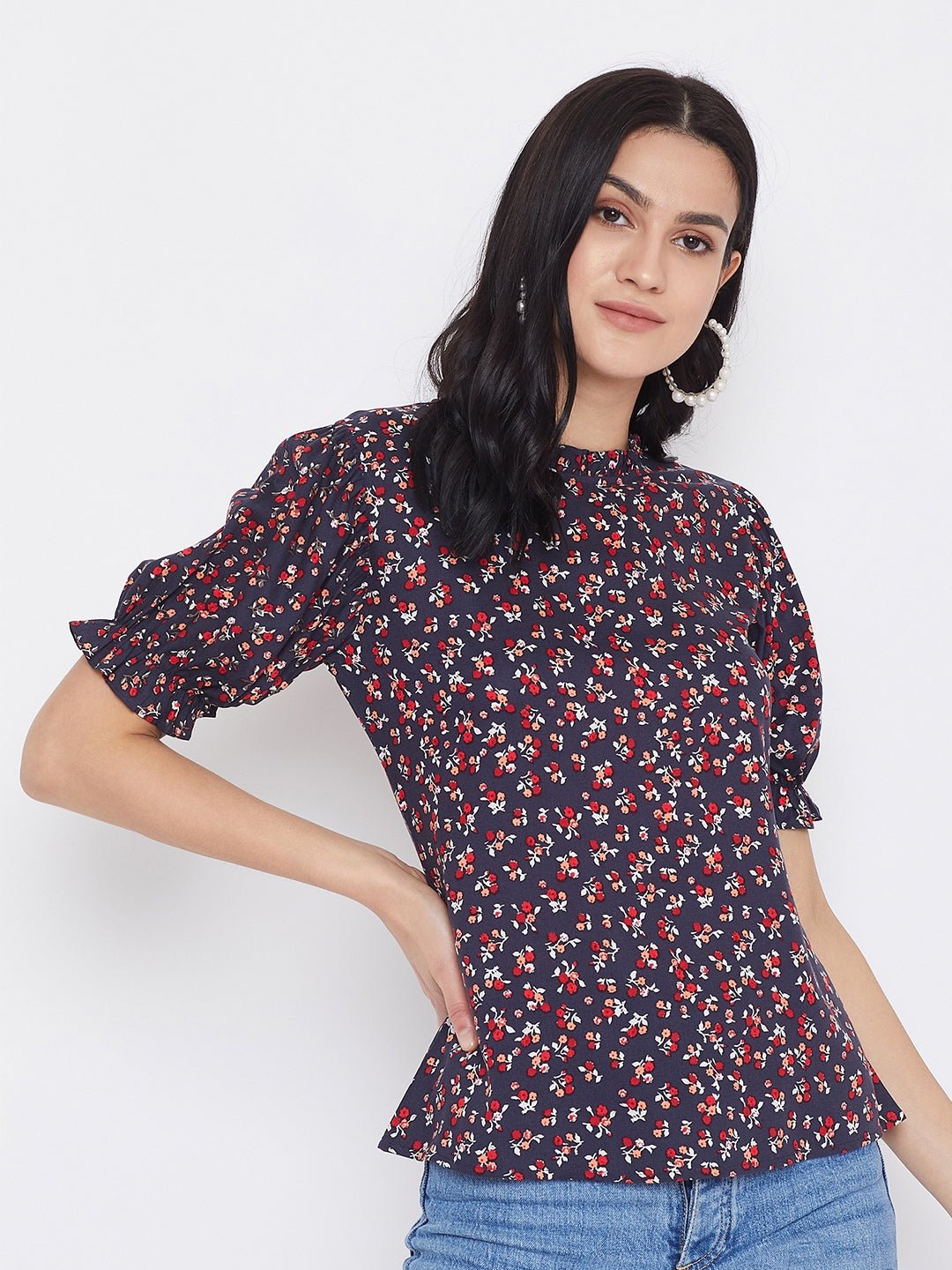 Folk Republic Women Navy Blue Floral Printed Round Neck Top - #folk republic#