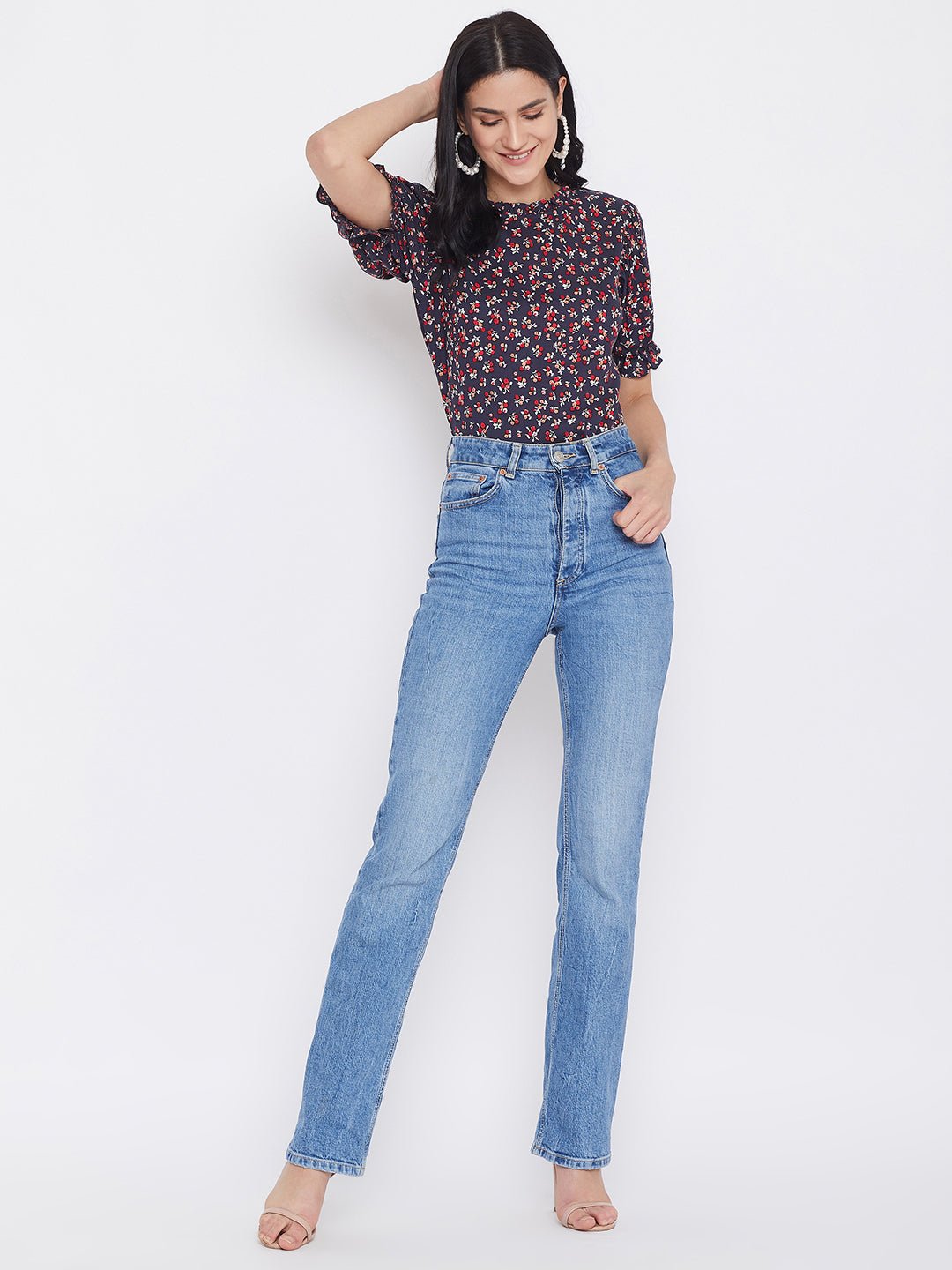 Folk Republic Women Navy Blue Floral Printed Round Neck Top - #folk republic#
