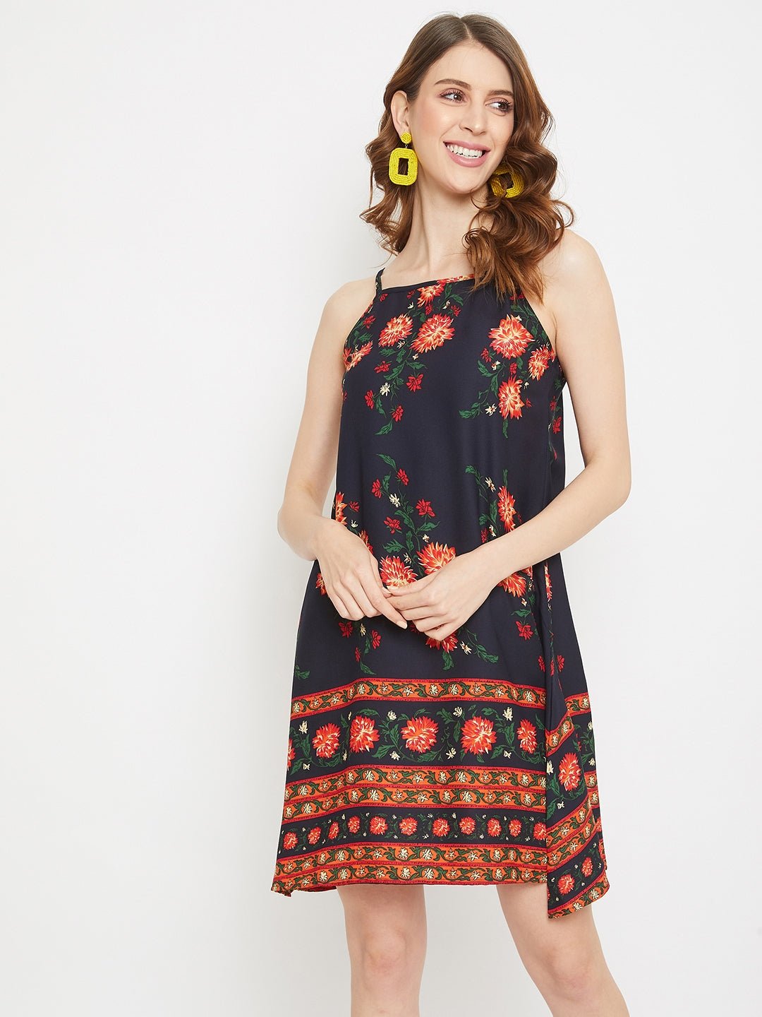 Folk Republic Women Navy Blue Floral Printed Sleeveless Halter Dress - #folk republic#