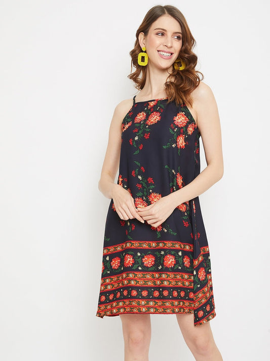 Folk Republic Women Navy Blue Floral Printed Sleeveless Halter Dress - #folk republic#
