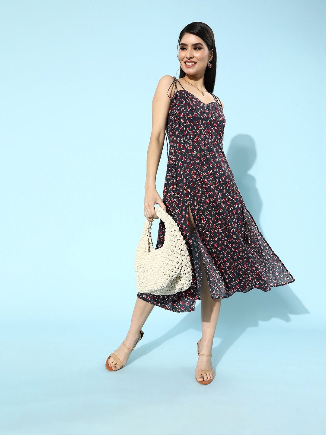 Folk Republic Women Navy Blue Floral Printed Sweetheart Neck A-Line Midi Dress - #folk republic#