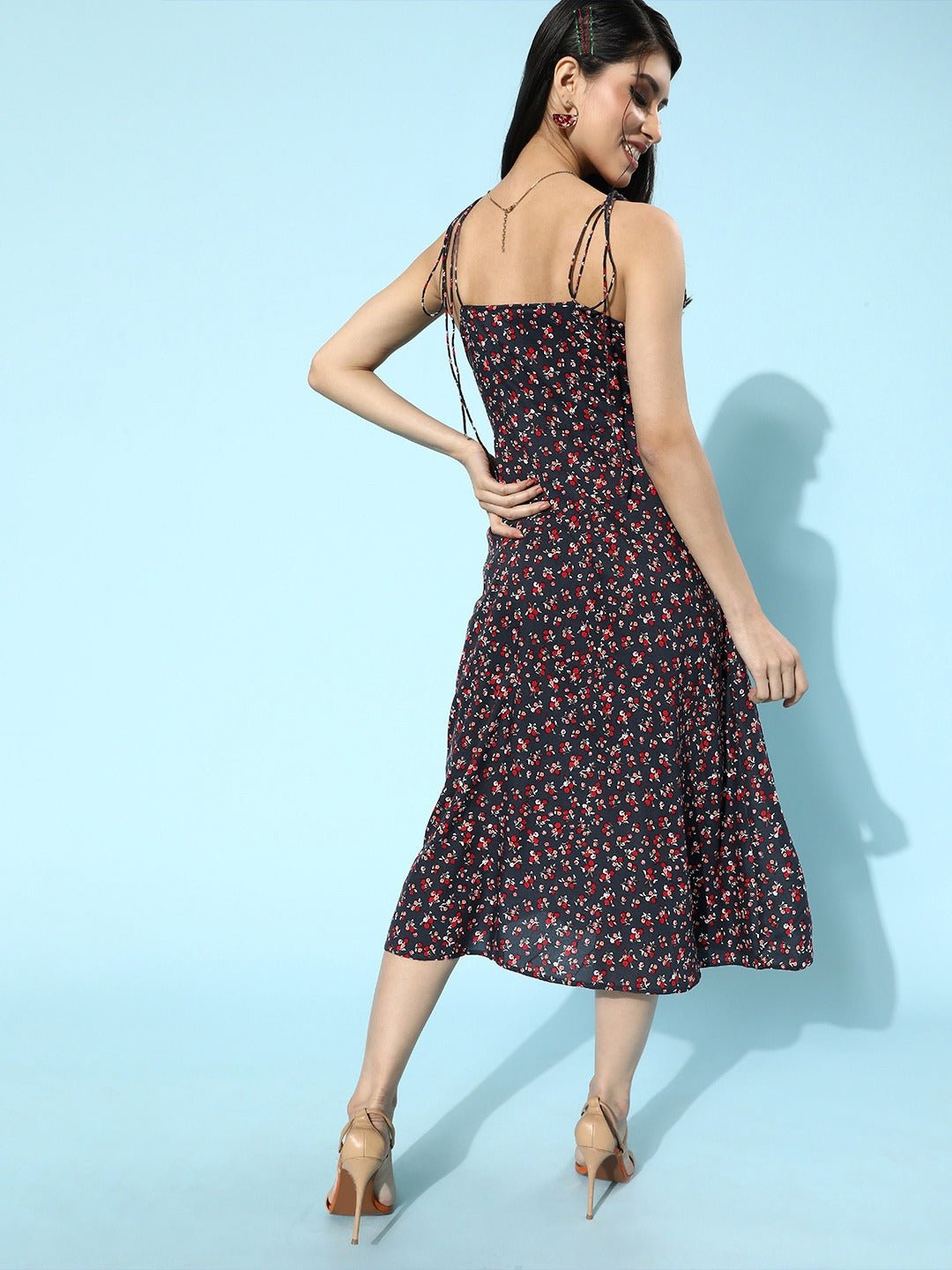 Folk Republic Women Navy Blue Floral Printed Sweetheart Neck A-Line Midi Dress - #folk republic#