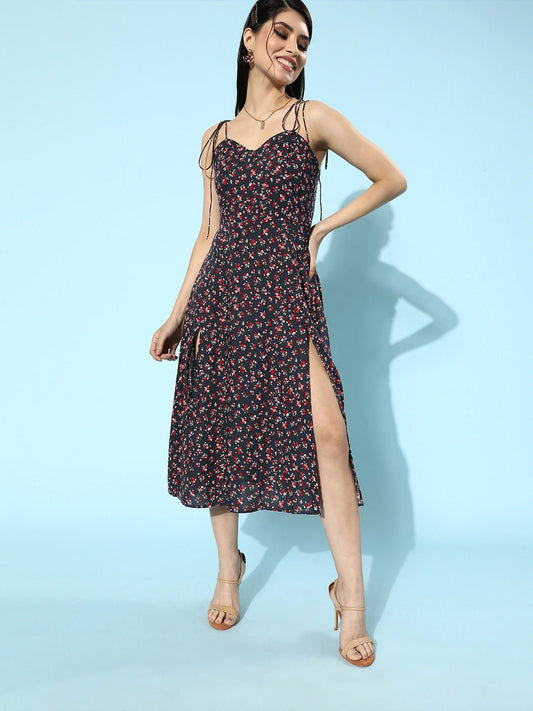 Folk Republic Women Navy Blue Floral Printed Sweetheart Neck A-Line Midi Dress - #folk republic#