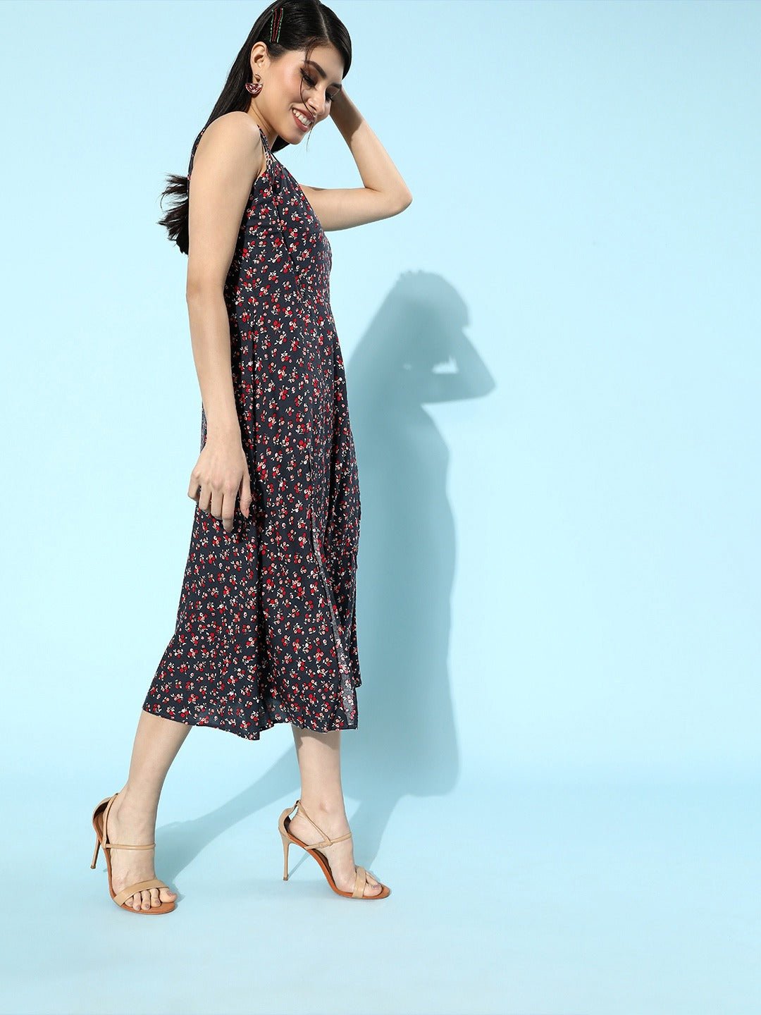 Folk Republic Women Navy Blue Floral Printed Sweetheart Neck A-Line Midi Dress - #folk republic#